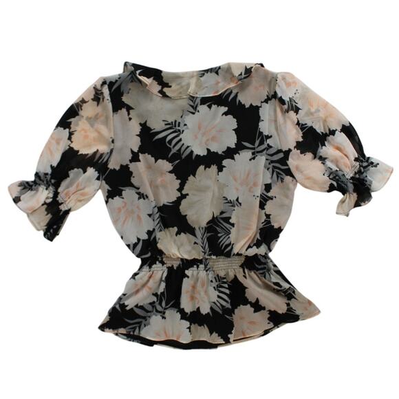 Calvin Klein Black Floral Ruffle Blouse Medium Elastic Waist Sheer Lined - Picture 2 of 6